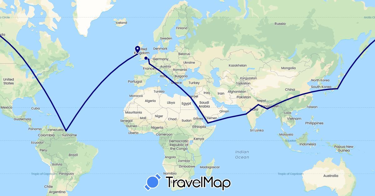 TravelMap itinerary: driving in Egypt, France, United Kingdom, Guyana, Ireland, India, Italy, Japan, United States, Yemen (Africa, Asia, Europe, North America, South America)